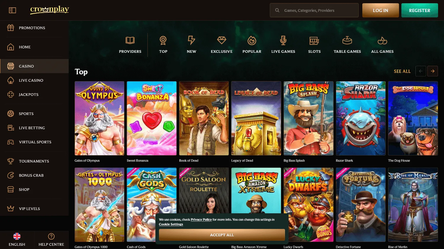 Crown Play Casino home screen on desktop